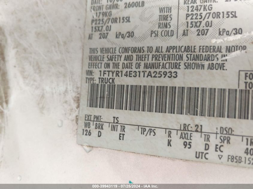 2001 Ford Ranger Edge/Xlt VIN: 1FTYR14E31TA25933 Lot: 39943119
