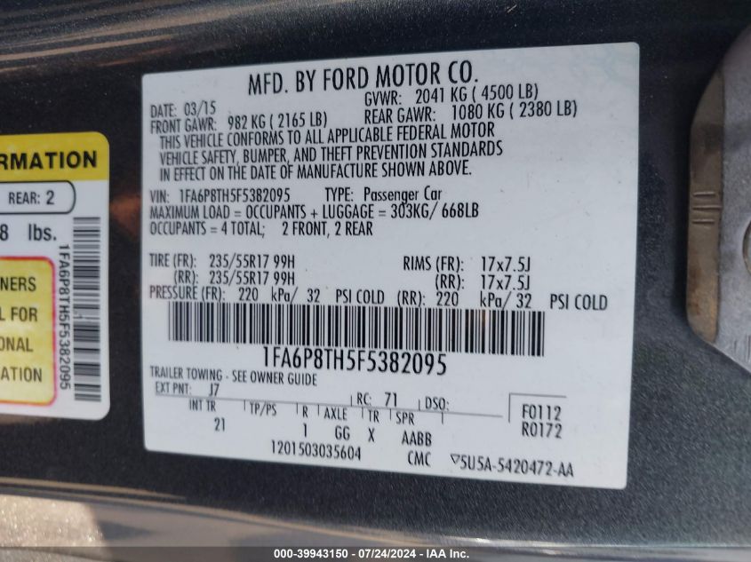 2015 FORD MUSTANG ECOBOOST - 1FA6P8TH5F5382095