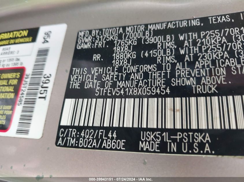 2008 Toyota Tundra Crewmax/Crewmax Sr5 VIN: 5TFEV541X8X059454 Lot: 39943151