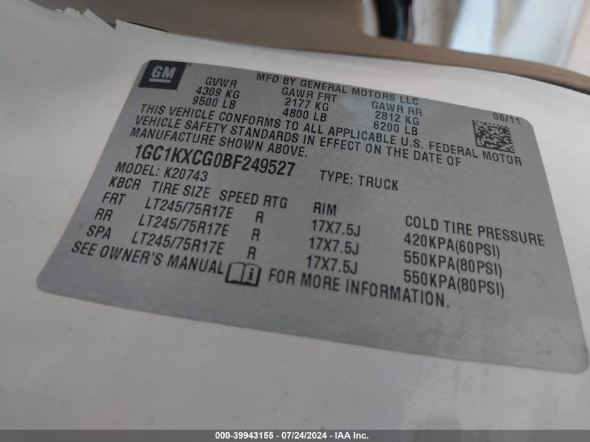 2011 Chevrolet Silverado 2500Hd Lt VIN: 1GC1KXCG0BF249527 Lot: 39943155