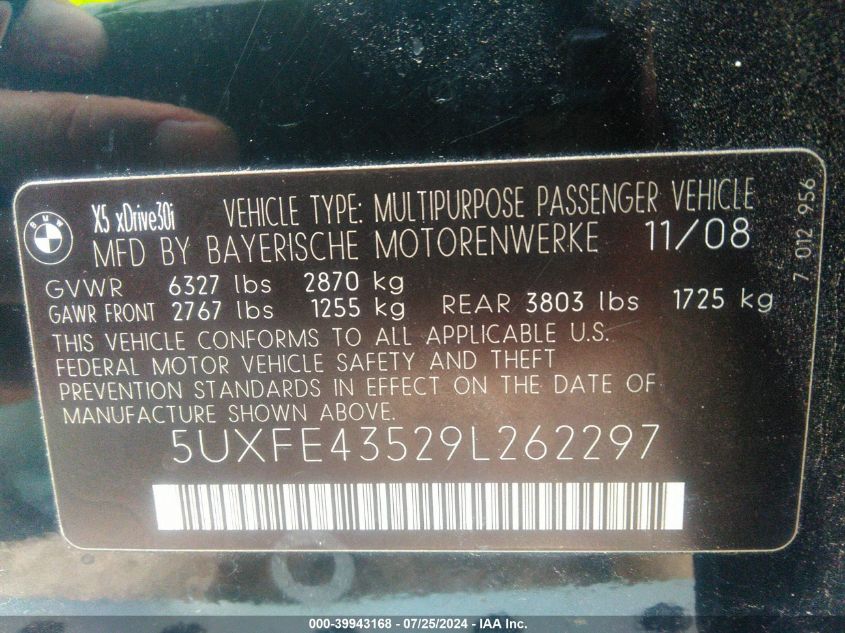 2009 BMW X5 xDrive30I VIN: 5UXFE43529L262297 Lot: 39943168