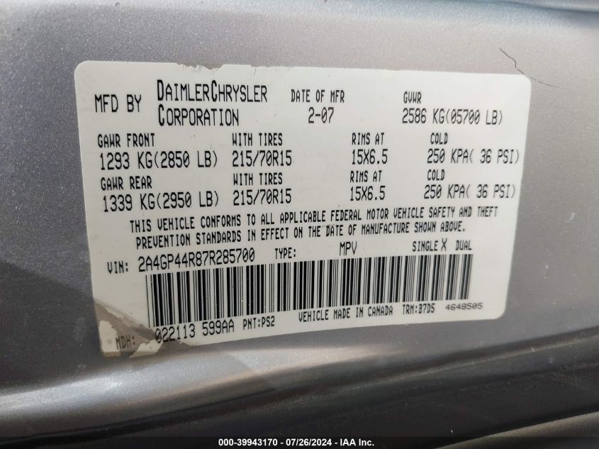 2007 Chrysler Town & Country Lx VIN: 2A4GP44R87R285700 Lot: 39943170