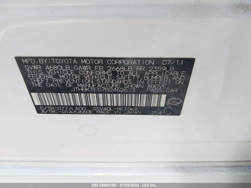 2011 Lexus Es 350 VIN: JTHBK1EG7B2462673 Lot: 39943185