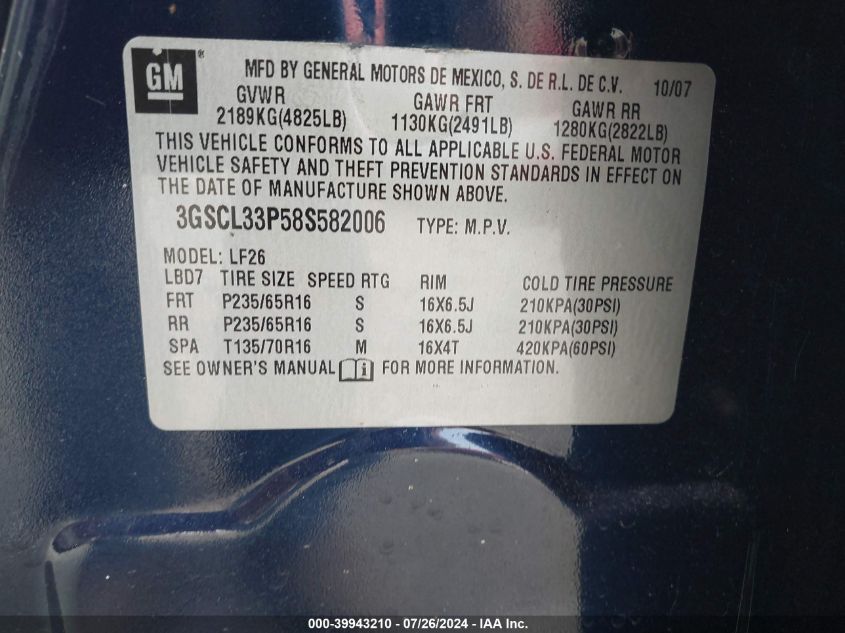 2008 Saturn Vue Xe VIN: 3GSCL33P58S582006 Lot: 39943210