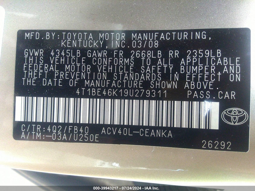 2009 Toyota Camry Le VIN: 4T1BE46K19U279311 Lot: 39943217