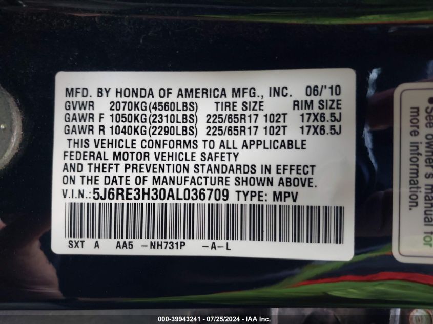 2010 Honda Cr-V Lx VIN: 5J6RE3H30AL036709 Lot: 39943241
