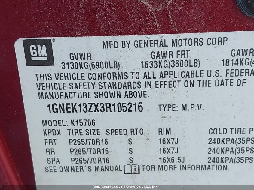 2003 Chevrolet Tahoe Lt VIN: 1GNEK13ZX3R105216 Lot: 39943244