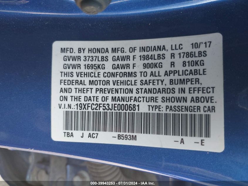 2018 Honda Civic Lx VIN: 19XFC2F53JE000681 Lot: 39943253