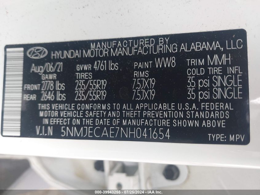 2022 Hyundai Tucson Limited VIN: 5NMJECAE7NH041654 Lot: 39943255