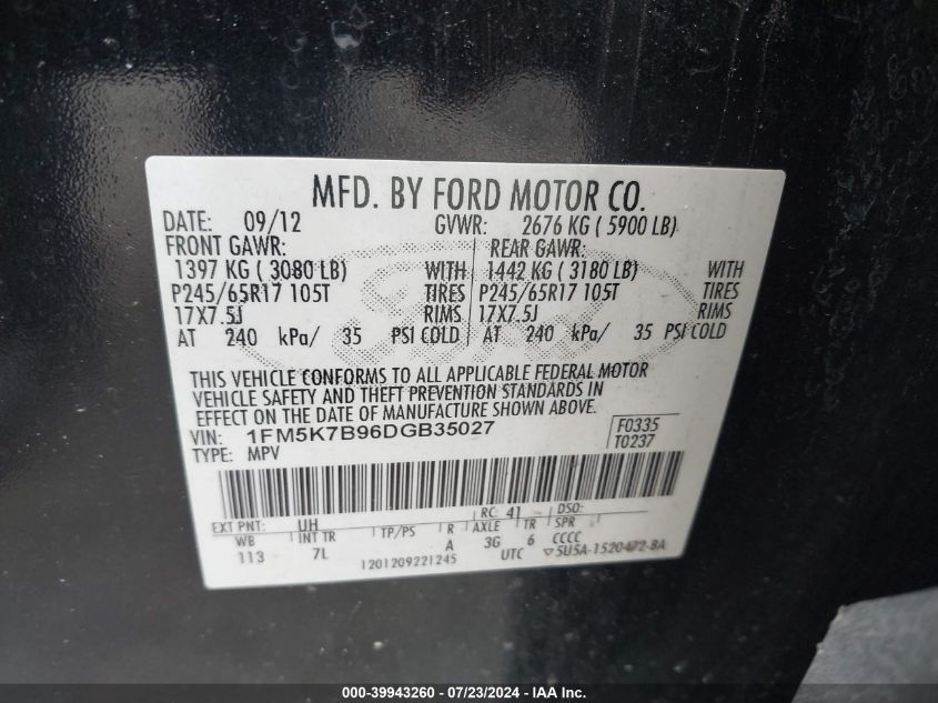 2013 Ford Explorer VIN: 1FM5K7B96DGB35027 Lot: 39943260