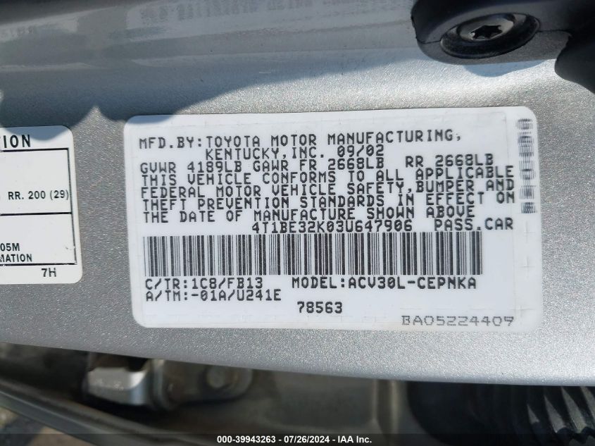 2003 Toyota Camry Le/Se/Xle VIN: 4T1BE32K03U647906 Lot: 39943263