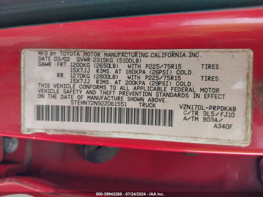 2002 Toyota Tacoma Base V6 VIN: 5TEHN72N92Z061551 Lot: 39943269