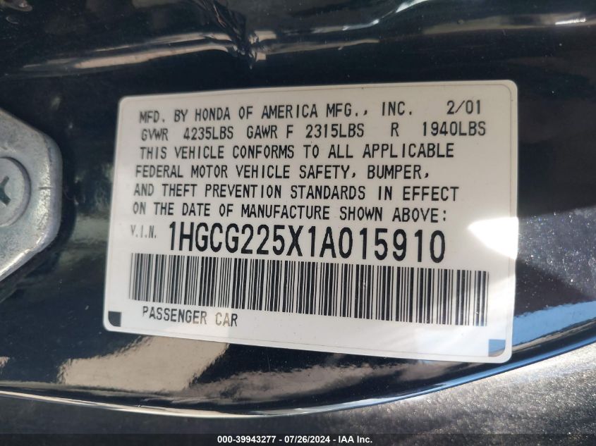 2001 Honda Accord 3.0 Ex VIN: 1HGCG225X1A015910 Lot: 39943277