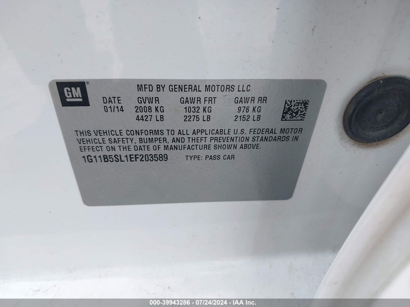 2014 Chevrolet Malibu 1Ls VIN: 1G11B5SL1EF203589 Lot: 39943286