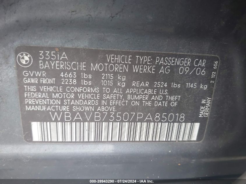 2007 BMW 335I I VIN: WBAVB73507PA85018 Lot: 39943290
