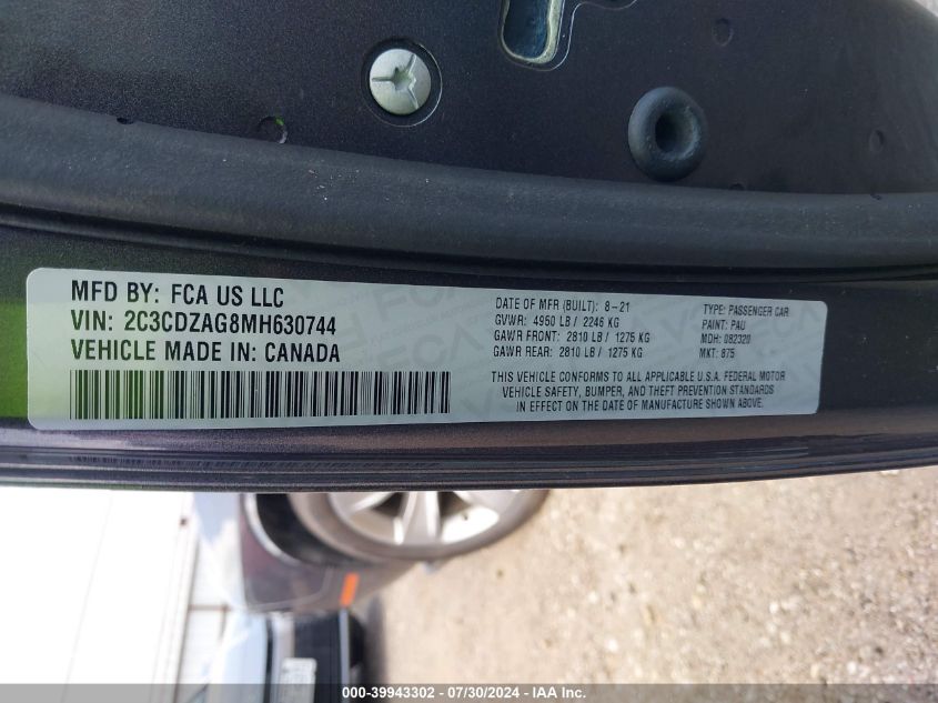 2021 Dodge Challenger Sxt VIN: 2C3CDZAG8MH630744 Lot: 39943302