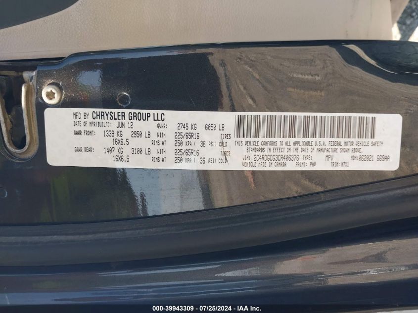 2012 Dodge Grand Caravan Sxt VIN: 2C4RDGCG3CR406376 Lot: 39943309