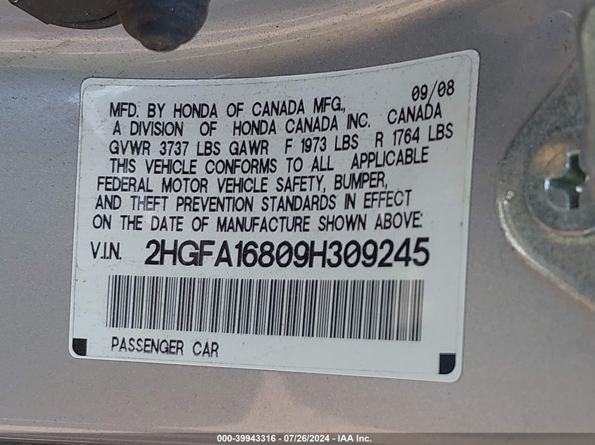 2009 Honda Civic Ex VIN: 2HGFA16809H309245 Lot: 39943316