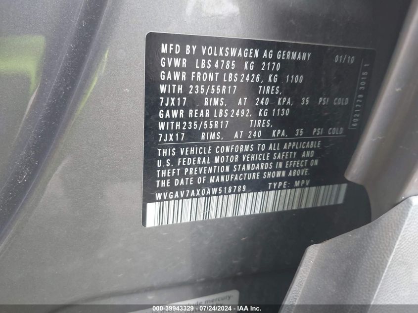 2010 Volkswagen Tiguan S VIN: WVGAV7AX0AW518789 Lot: 39943329