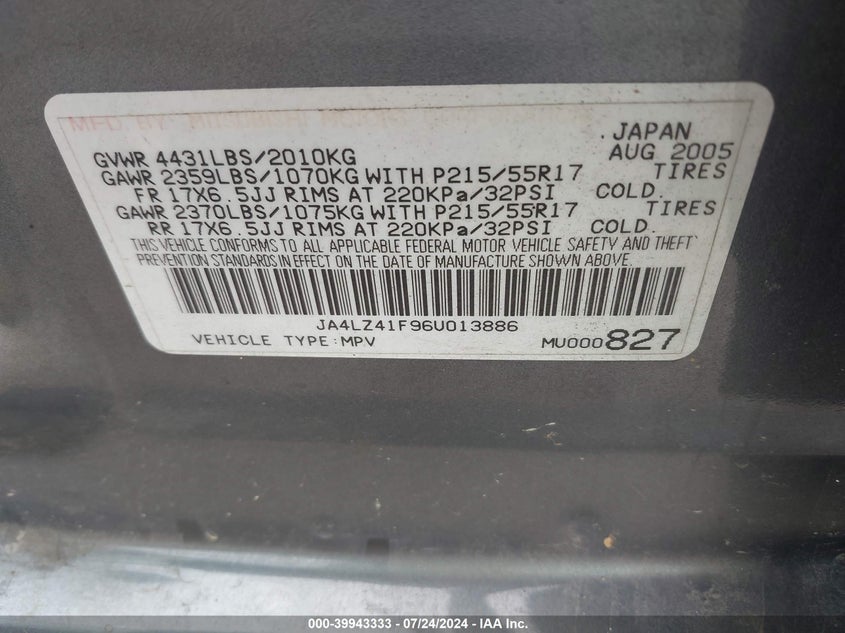 2006 Mitsubishi Outlander Se VIN: JA4LZ41F96U013886 Lot: 39943333