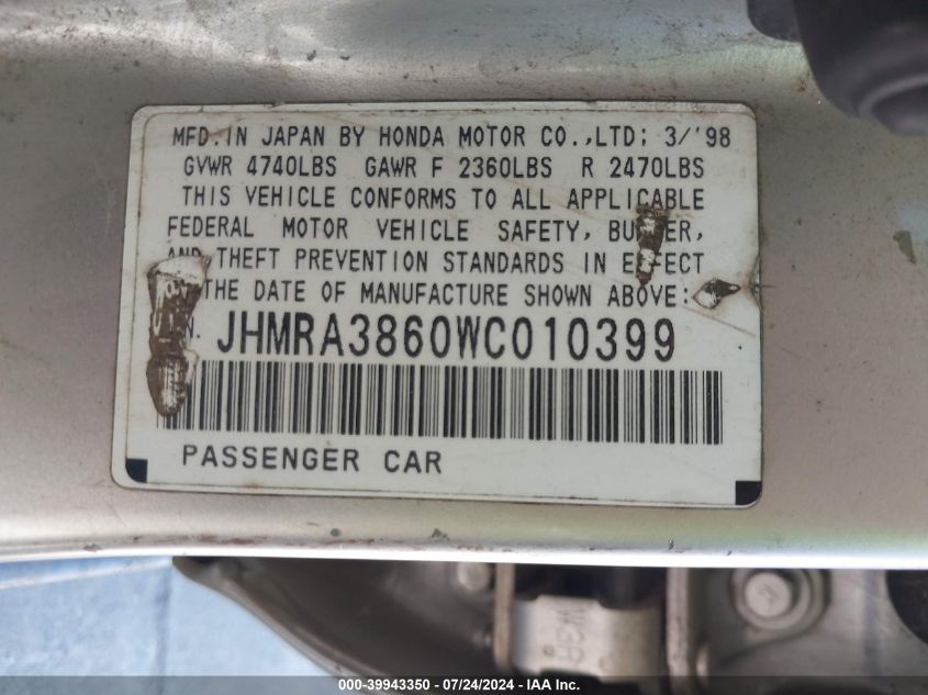 1998 Honda Odyssey Ex/Lx VIN: JHMRA3860WC010399 Lot: 39943350