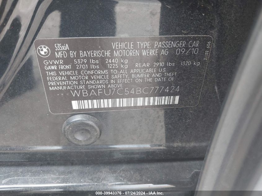 2011 BMW 535I xDrive VIN: WBAFU7C54BC777424 Lot: 39943376
