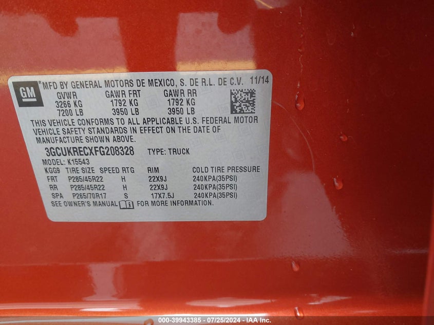 2015 CHEVROLET SILVERADO 1500 - 3GCUKRECXFG208328