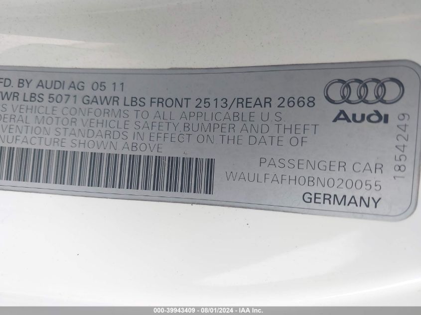 2011 Audi A5 2.0T Premium VIN: WAULFAFH0BN020055 Lot: 39943409