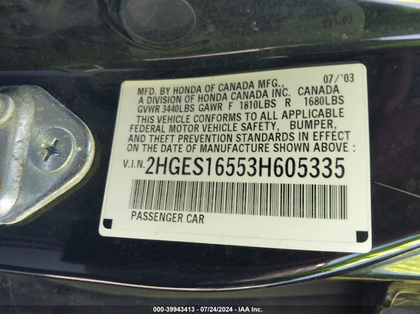 2003 Honda Civic Lx VIN: 2HGES16553H605335 Lot: 39943413