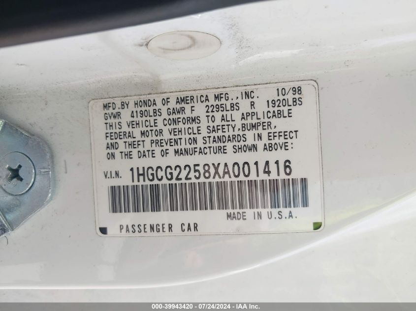 1999 Honda Accord Ex V6 VIN: 1HGCG2258XA001416 Lot: 39943420