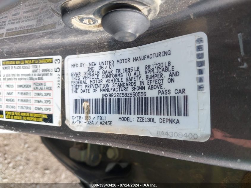 2008 Toyota Corolla Le VIN: 1NXBR32E58Z950556 Lot: 39943426