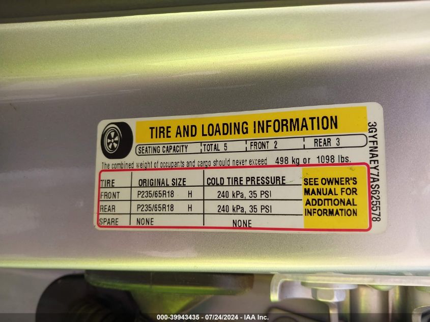 2010 Cadillac Srx Luxury Collection VIN: 3GYFNAEY7AS625578 Lot: 39943435