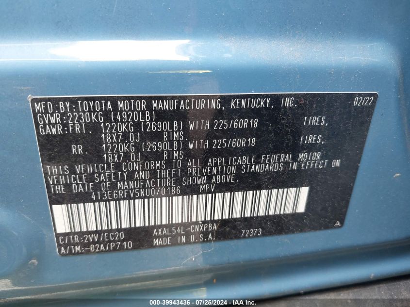 4T3E6RFV5NU070186 2022 Toyota Rav4 Hybrid Xse