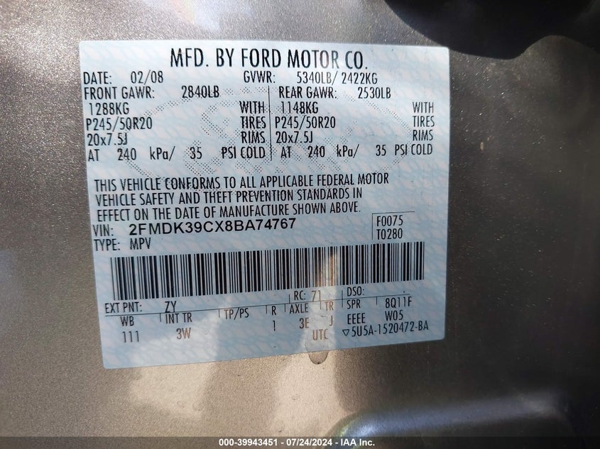 2008 Ford Edge Limited VIN: 2FMDK39CX8BA74767 Lot: 39943451