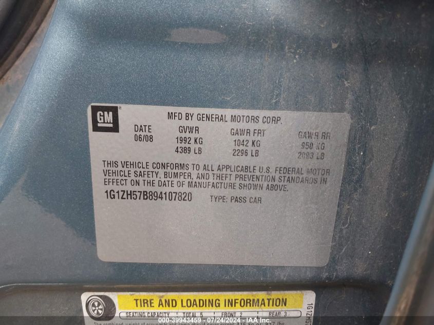2009 Chevrolet Malibu Lt VIN: 1G1ZH57B894107820 Lot: 39943459