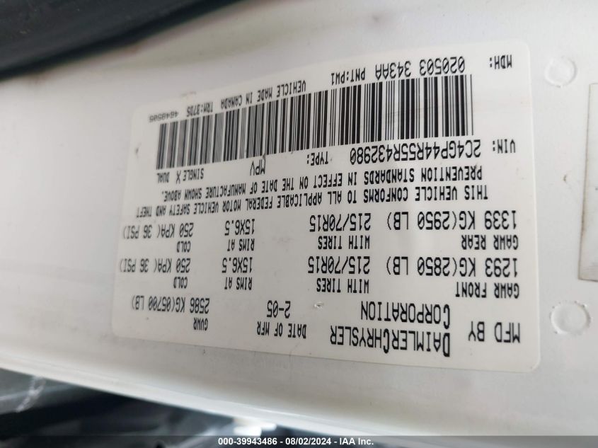 2005 Chrysler Town & Country Lx VIN: 2C4GP44R55R432980 Lot: 39943486