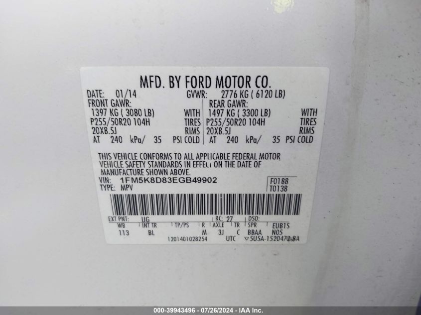 2014 Ford Explorer Xlt VIN: 1FM5K8D83EGB49902 Lot: 39943496