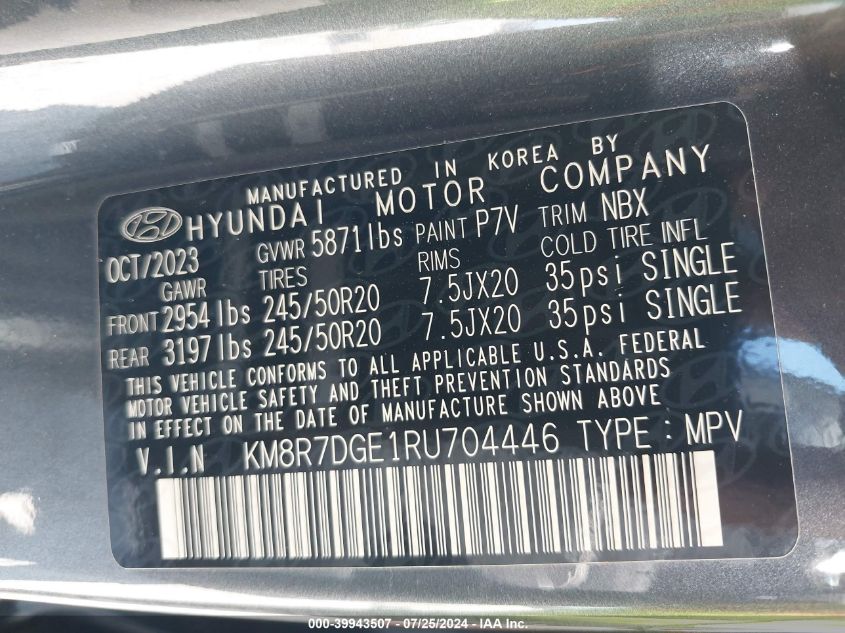 2024 Hyundai Palisade Calligraphy VIN: KM8R7DGE1RU704446 Lot: 39943507