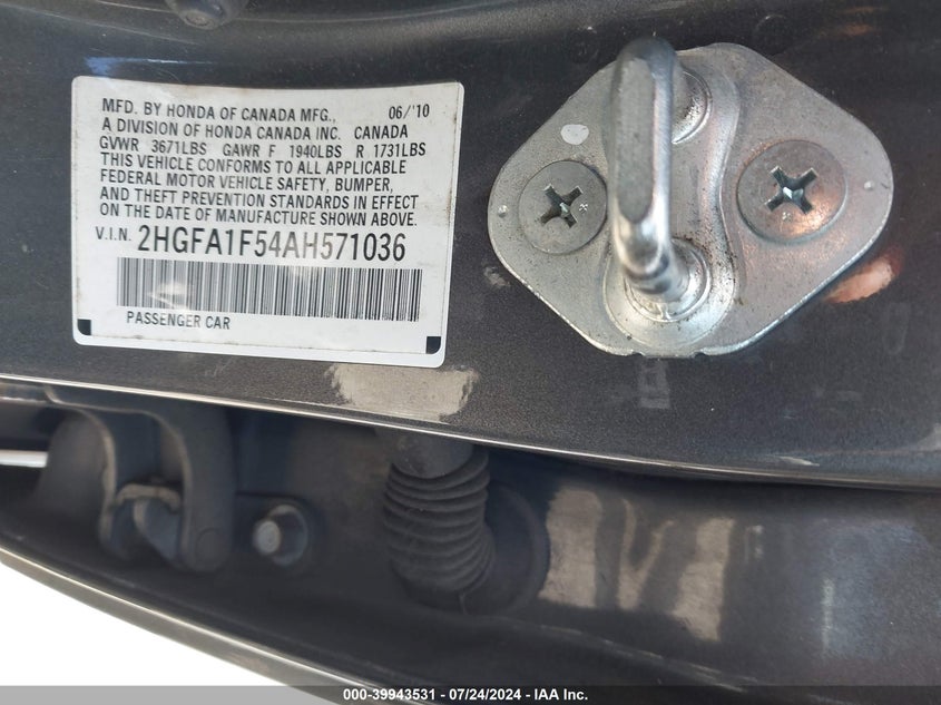 2010 Honda Civic Lx VIN: 2HGFA1F54AH571036 Lot: 39943531