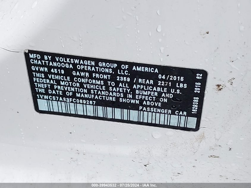 2015 Volkswagen Passat 1.8T Sel Premium VIN: 1VWCS7A33FC089267 Lot: 39943532