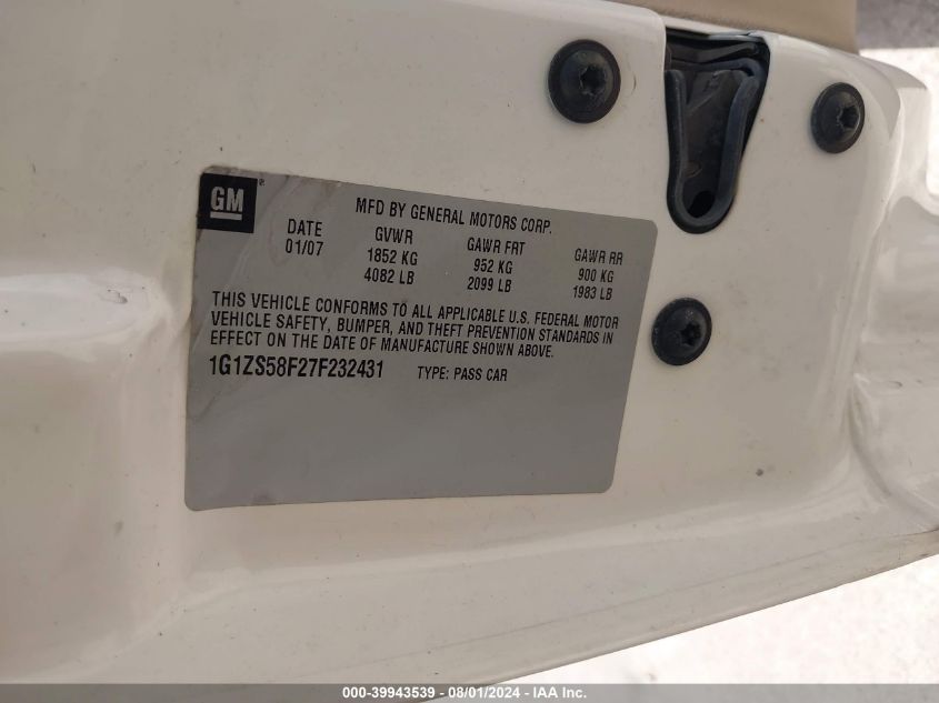 2007 Chevrolet Malibu Ls VIN: 1G1ZS58F27F232431 Lot: 39943539