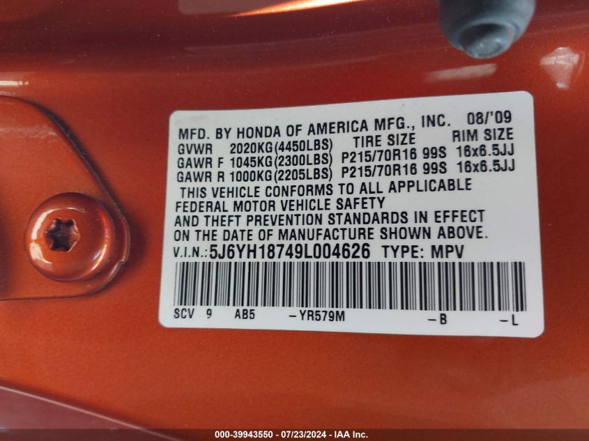 2009 Honda Element Ex VIN: 5J6YH18749L004626 Lot: 39943550