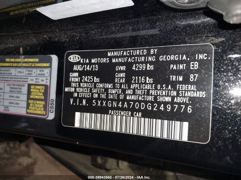 2013 Kia Optima Ex VIN: 5XXGN4A70DG249776 Lot: 39943565