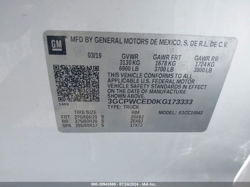 3GCPWCED0KG173333 2019 Chevrolet Silverado 1500 Lt