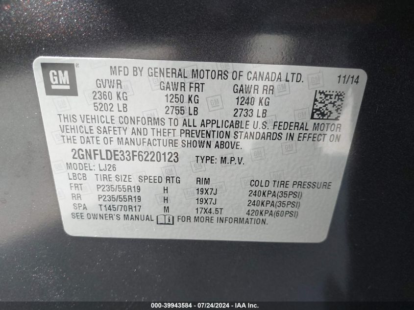 2015 Chevrolet Equinox Ltz VIN: 2GNFLDE33F6220123 Lot: 39943584