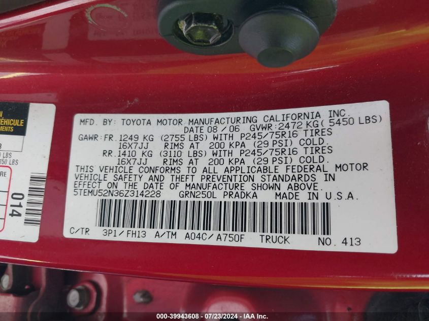 2006 Toyota Tacoma Base V6 VIN: 5TEMU52N36Z314228 Lot: 39943608