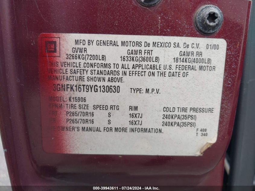 2000 Chevrolet Suburban 1500 Ls VIN: 3GNFK16T9YG130630 Lot: 39943611