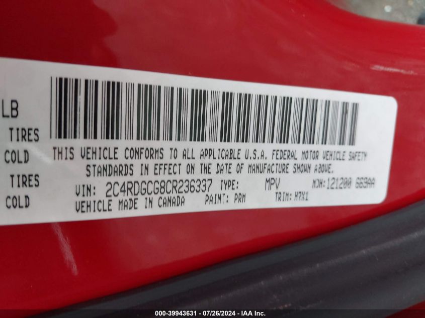 2012 Dodge Grand Caravan Sxt VIN: 2C4RDGCG8CR236337 Lot: 39943631