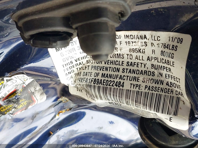 2010 Honda Civic Ex VIN: 19XFA1F89AE022484 Lot: 39943647