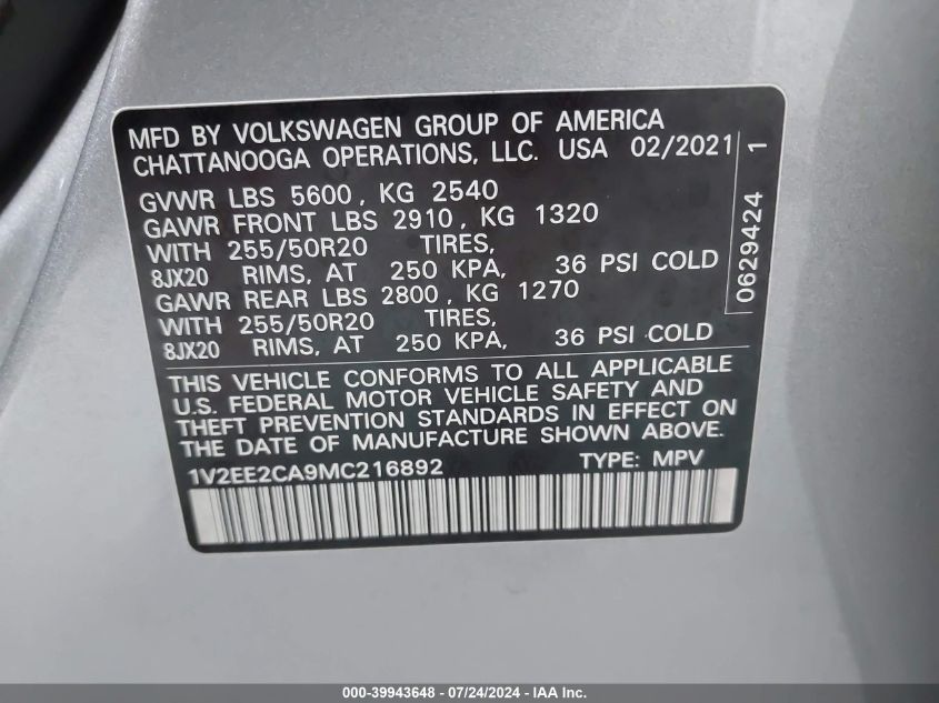 1V2EE2CA9MC216892 2021 Volkswagen Atlas Cross Sport 3.6L V6 Sel